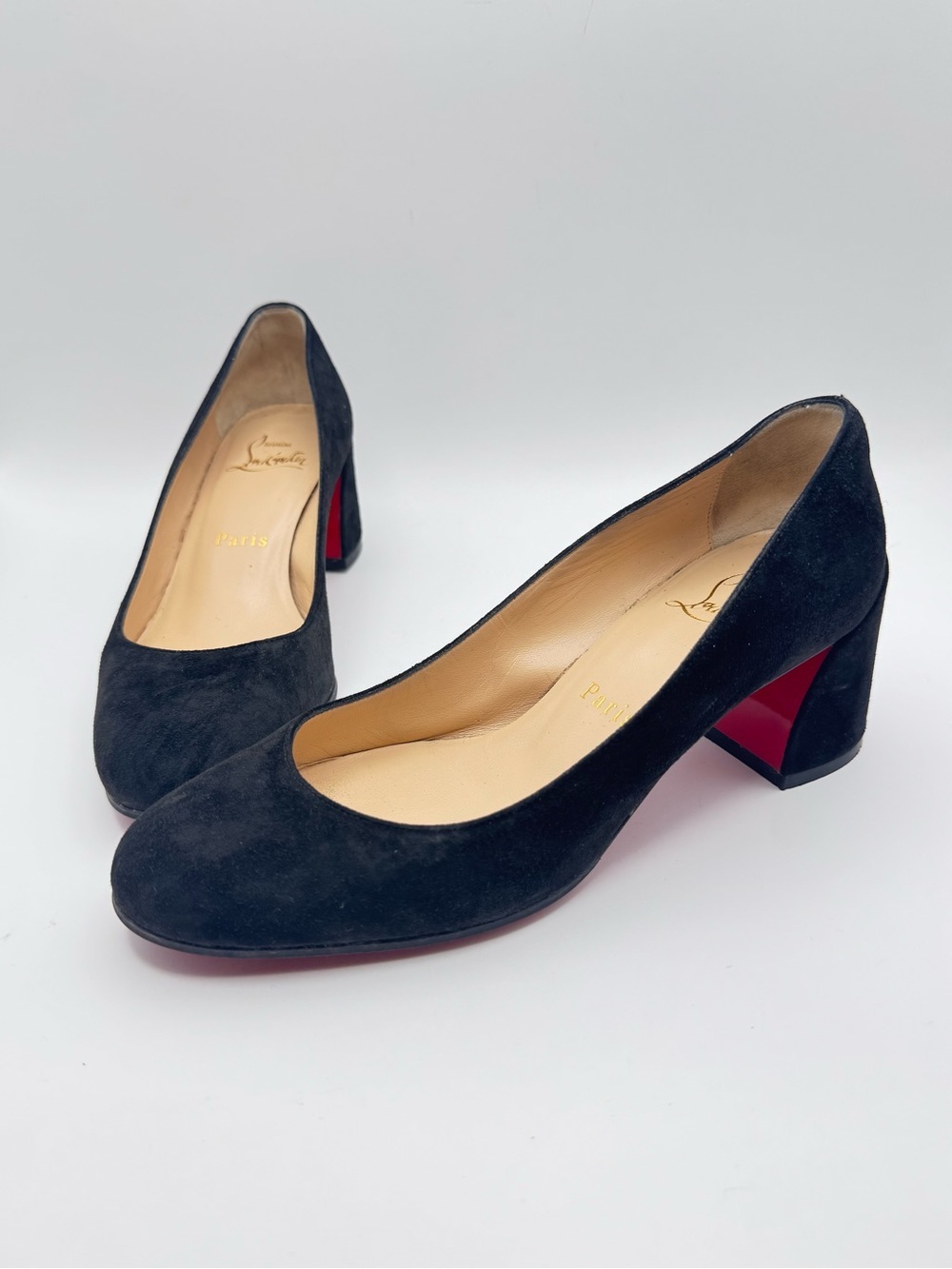 Christian Louboutin Miss Sab 55 Black Suede Round Toe Block Heel Pumps Sz 34